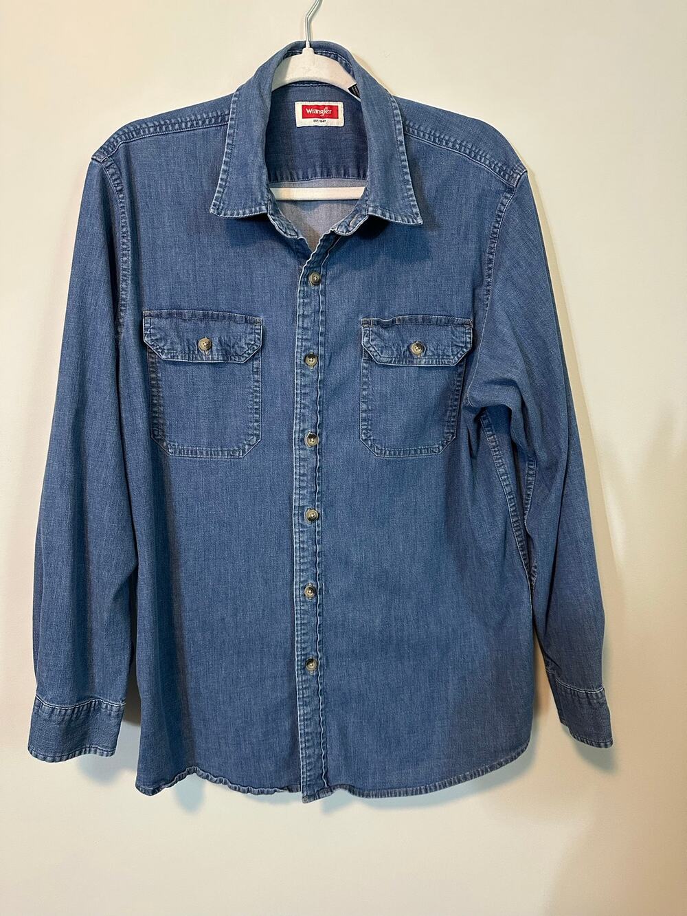 Wrangler Mens L Denim Shirt Blue Stretch Button Up Workwear Ranch Cowboy